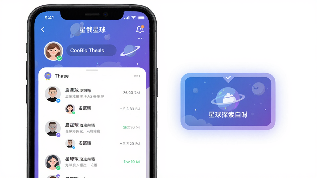 启俄星球主界面预览图,展示星球主题的社交应用,主体为手机屏幕界面,包含用户头像、聊天列表和星球探索入口,布局简洁明快,采用蓝紫色渐变背景,扁平化风格,细节精致,画质高清干净,无多余元素