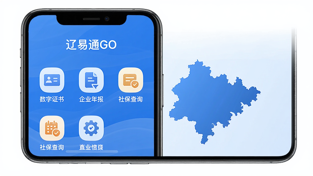 辽易通GO主界面展示图,手机屏幕中显示蓝色调政务应用界面,顶部有“辽易通GO”字样,下方排列着“数字证书”“企业年报”“社保查询”等图标,背景为辽宁省地图轮廓,整体风格简洁明亮,UI设计现代,画质高清干净,无多余元素