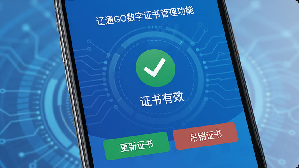 辽易通GO数字证书管理功能界面,手机屏幕上显示证书状态页面,绿色对勾标识“证书有效”,下方有“更新证书”“吊销证书”按钮,背景为蓝色科技感渐变,界面简洁清晰,画质细腻,无多余元素