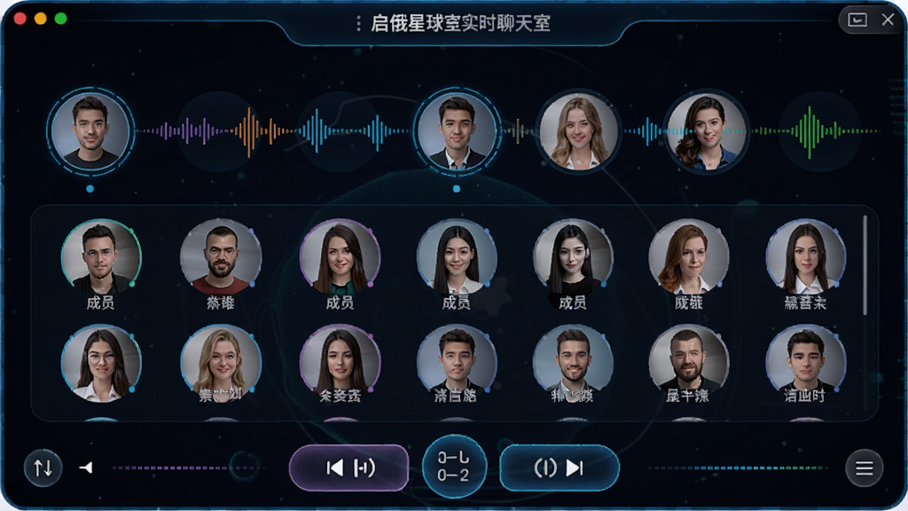 启俄星球实时语音聊天室界面,主体为多人语音房间页面,显示用户头像和声波动画,布局上方为房间信息,中间为成员列表,底部为控制按钮,风格科技感,色彩明亮,细节清晰,画质干净