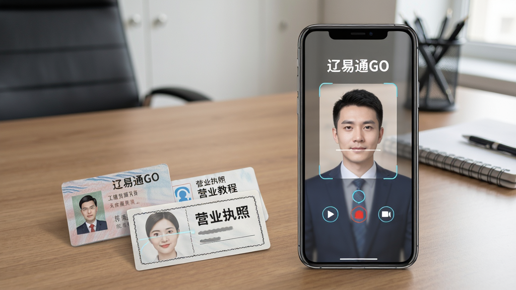 辽易通GO使用教程示意图,手机旁边摆放着身份证和营业执照,屏幕显示人脸识别界面,背景为办公桌,画面清晰写实,风格自然,无多余元素