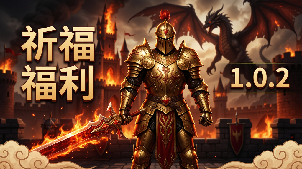 主体:烈火骑士(祈福福利版)游戏主视觉图,展示一位身披金色战甲、手持烈焰巨剑的骑士角色站在城墙上;布局:骑士居中,背景是燃烧的城堡与远处的巨龙剪影,画面左侧悬浮着“祈福福利”四个大字,右侧有“1.0.2”版本标识;排版:角色与文字错落有致,视觉重心突出;风格:写实魔幻风格,光影对比强烈,色彩以红、金、暗黑为主;细节:骑士铠甲上有精细的纹路,火焰粒子效果真实,画面底部有祥云纹饰;画质:8K超清,干净,无多余元素。