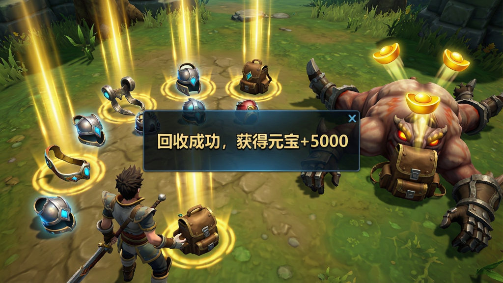主体:角色在野外地图击败BOSS后拾取装备的场景,地上散落着发光装备,屏幕中央弹出“回收成功,获得元宝+5000”的提示框;布局:角色位于画面左下角,BOSS倒地在右侧,装备掉落物呈扇形分布,提示框居中;排版:提示框文字醒目;风格:写实游戏画面,色彩明亮;细节:装备有金色光柱特效,元宝图标飞入背包动画;画质:高清游戏截图,干净,无多余元素。