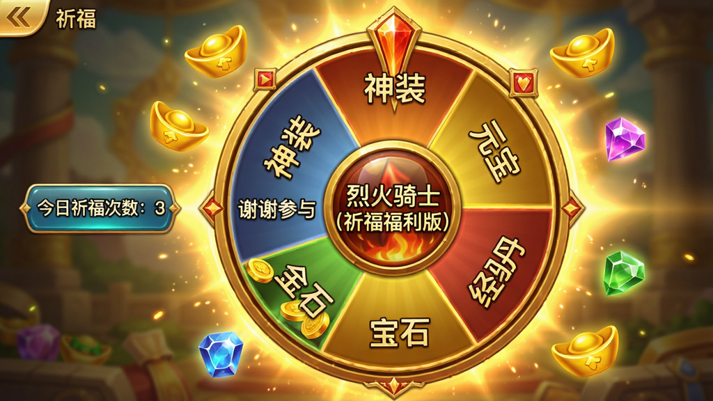 主体:游戏内祈福轮盘界面截图,轮盘中央有“烈火骑士(祈福福利版)”字样;布局:轮盘占据画面中心,周围环绕着金色光芒和漂浮的元宝、宝石图标,左侧有“今日祈福次数:3”的UI按钮;排版:界面简洁,按钮清晰;风格:明亮华丽的UI风格,色彩以金色和红色为主;细节:轮盘分成六个区域,分别标注“神装”“元宝”“经验丹”“宝石”“金币”“谢谢参与”,指针指向“神装”区域;画质:高清UI截图,干净,无多余元素。