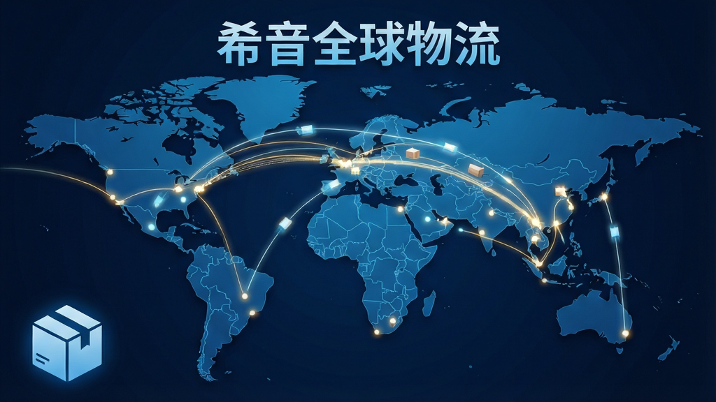 画面主体为一张世界地图,地图上以发光线条勾勒出多条物流航线,起点为中国广州,终点辐射至欧美多国。布局上地图居中,航线动态光点示意包裹移动,左下角有快递箱图标。排版上标题“希音全球物流”置于顶部,航线清晰。风格为科技感信息图,蓝色调,细节精致,画质干净,无多余元素。