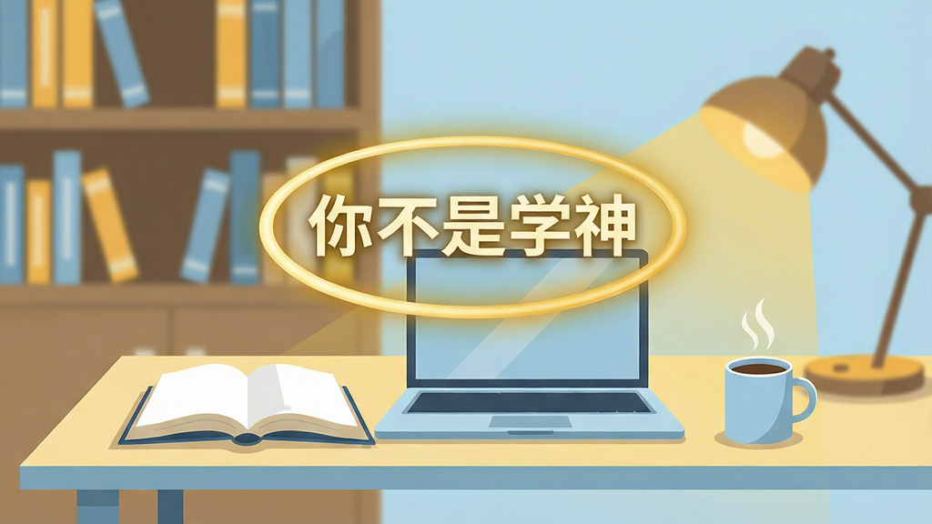 一幅现代简约风格的学习场景插画,主体是一张整洁的书桌,桌面上摆放着打开的书本、笔记本电脑和一杯冒着热气的咖啡,背景是模糊的书架和温暖的台灯光晕。画面中央悬浮着一个发光的金色光环,光环内写着“你不是学神”五个字,寓意每个普通人都能通过努力点亮智慧。整体色调以暖黄和浅蓝为主,布局平衡,排版干净,细节丰富,画质高清,无多余元素。