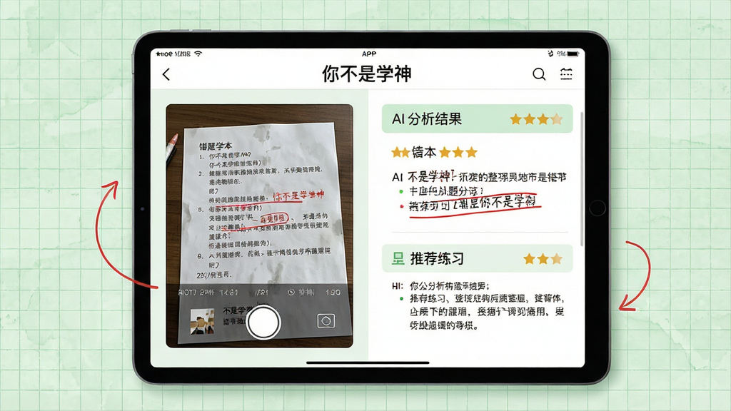 一幅表现错题整理的插画,主体是一个平板电脑,屏幕中显示“你不是学神”APP的错题本界面,左侧是拍摄的题目照片,右侧是AI分析结果和推荐练习,背景是淡绿色的网格纸纹理。整体风格简洁清爽,布局左右对称,排版整齐,细节包括红色批注和星级标记,画质高清,无多余元素。
