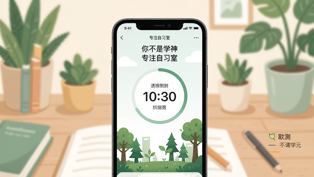 一幅展示手机应用使用场景的插画,主体是一部智能手机,屏幕中显示“你不是学神”的“专注自习室”界面,带有倒计时圆环和森林生长动画,背景是书桌和绿色植物,整体色调柔和,布局居中,排版清晰,细节包括时间数字和鼓励语,画质干净,无多余元素。