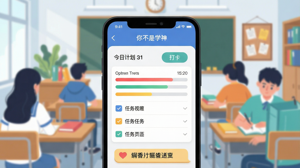 一张展示智能手机界面的插画,屏幕中显示“你不是学神”APP的“今日计划”页面,页面中有彩色进度条和任务复选框,背景是模糊的教室和正在学习的学生。画面采用扁平化设计风格,主体突出,布局清晰,排版规整,细节包括日期、打卡按钮和鼓励标语,画质干净明亮,无多余元素。