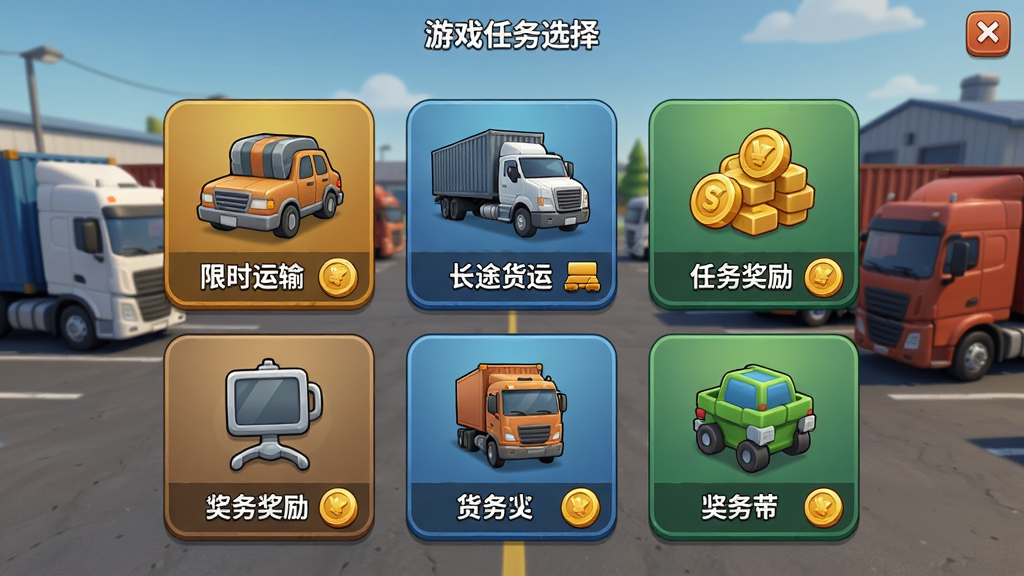 游戏任务选择界面,屏幕上显示多个任务图标,包括“限时运输”“长途货运”等,背景是卡车停车场,界面布局整洁,风格卡通写实,细节包括任务奖励的金币图标,画质高清,干净,无多余元素