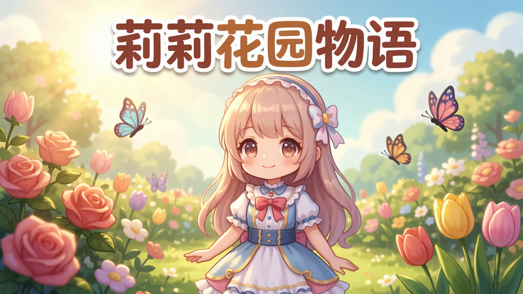 画面中央是游戏主界面,一位可爱少女莉莉站在繁花盛开的花园中,周围有玫瑰、郁金香和蝴蝶,背景是温暖的阳光和蓝天,整体风格清新卡通,色彩明亮柔和,字体“莉莉花园物语”位于画面上方,画质高清,干净无多余元素