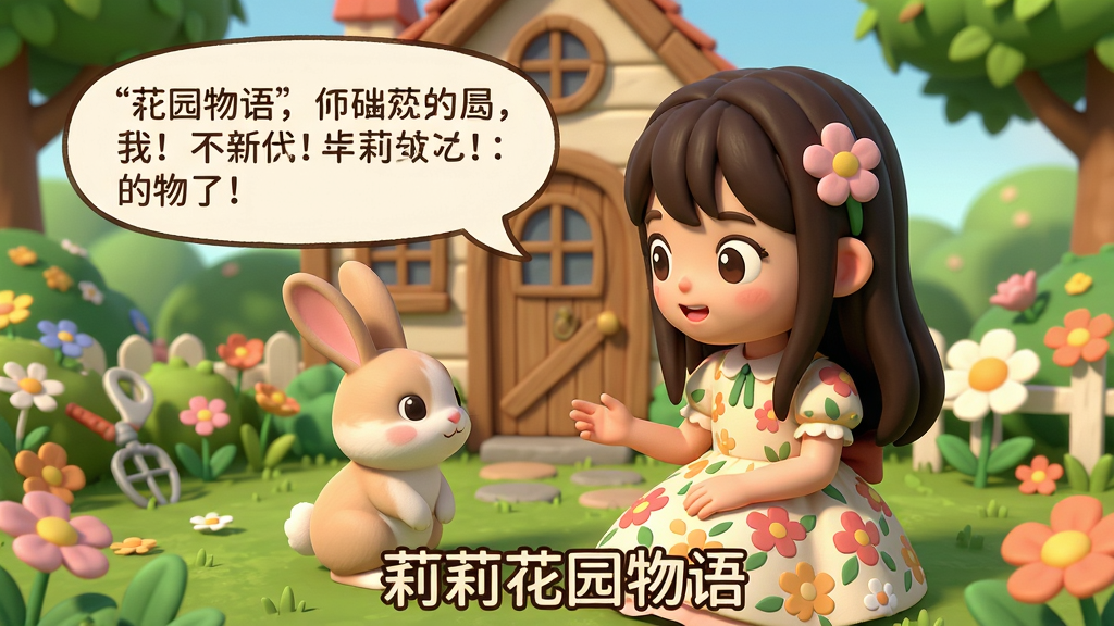 莉莉与一只小兔子对话的场景,对话框显示剧情文字,莉莉穿着花裙子,背景是花园小屋,画面温馨可爱,卡通渲染风格,文字“莉莉花园物语”位于底部,画质细腻,干净无多余元素