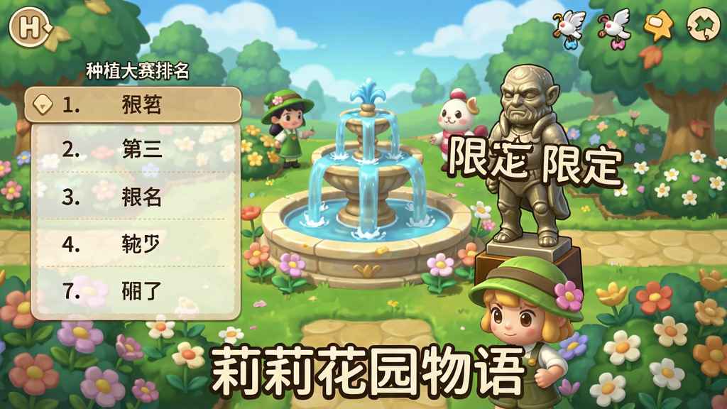 游戏内活动界面,展示种植大赛排名,第一名获得限定雕像,背景是花园全景,有喷泉和花丛,文字“莉莉花园物语”出现在底部,卡通风格,画质清晰,无多余元素
