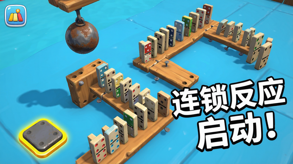 主体:游戏《胡闹毁灭日》的实机截图,展示一个由多米诺骨牌、铁球和木板组成的复杂连锁装置。布局:装置从左下角蜿蜒至右上角,铁球悬挂在最高点,多米诺骨牌排列成曲折的路径。排版:画面采用45度俯视角,清晰展示装置的每一个连接点,右侧有“连锁反应启动!”的白色艺术字提示。风格:明亮清晰的游戏UI风格,图标圆润,提示文字采用活泼的漫画字体。细节:多米诺骨牌上有不同颜色的圆点,铁球表面有锈迹,木板上可见钉子孔,启动按钮有亮黄色的描边。画质:高分辨率游戏截图,抗锯齿开启,色彩鲜艳,画面干净无噪点。