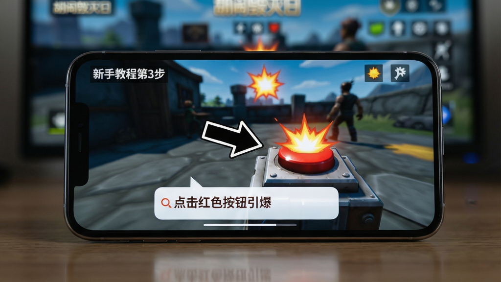 主体:一部智能手机横屏运行游戏《胡闹毁灭日》,屏幕中显示新手引导关卡,画面上有箭头指向一个红色爆炸按钮。布局:手机位于画面中央,背景是模糊的游戏主界面,屏幕光映在桌面上。排版:手机屏幕正面展示,游戏UI清晰可见,左上角显示“新手教程第3步”,下方有“点击红色按钮引爆”的文字气泡。风格:写实风格的摄影图片,浅景深效果,突出屏幕内容。细节:手机边框有金属质感,屏幕玻璃有细微反光,爆炸按钮上有高光效果,引导箭头为白色描边。画质:高清单反摄影,细节丰富,色彩真实,画面干净无多余元素。