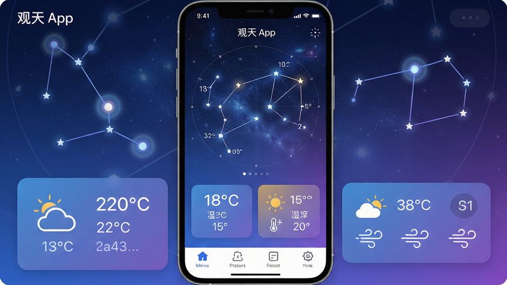 ���壺����App������������ʾʵʱ�ǿ�ͼ���������ݿ��壻���֣��Ϸ�Ϊ��̬�ǿձ���������Ϊ���������������ע���·�Ϊ������Ϣ��Ƭ�빦�ܲ˵������Ű棺����ִ�����Ϣ�㼶������ͼ�����Է�񣻷�񣺿Ƽ�������Ȼ�ںϣ�����ɫ������ɫ����ϸ�ڣ�������й���Ч����������Ƭ��ʾ�¶ȡ�ʪ�ȡ�����ͼ�ꣻ���ʣ�����ϸ�壬�ɾ��޶���Ԫ��