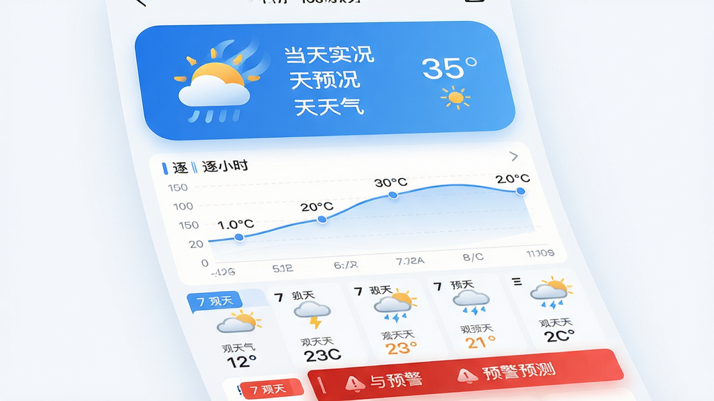 ���壺����App������Ԥ����棻���֣�����Ϊ��ǰ����ʵ����ͼ�꣬�м�Ϊ��Сʱ�¶�����ͼ���·�Ϊ7��Ԥ���б���Ԥ��������Ű棺���ݿ��ӻ�����������ͼƽ�����б��������£������ˬ��Լ��������ɫ��ϸ�ڣ�����ͼ�궯̬����Ԥ�������ɫ���������ʣ�����ɾ����޶���Ԫ��