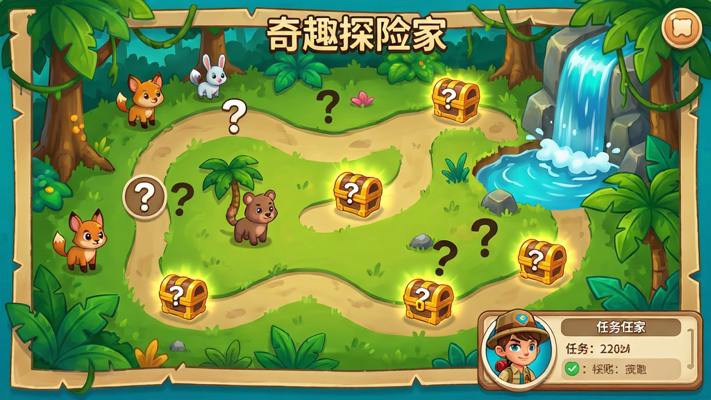 主体:奇趣探险家游戏地图界面展示,屏幕中显示一张卡通风格的丛林地图,标注多个问号和宝箱图标。布局:地图占满画面,右下角有角色头像和任务提示栏。排版:信息层级清晰,地图路径蜿蜒。风格:明亮手绘卡通风,色彩丰富。细节:地图上有小动物NPC和动态的瀑布特效,宝箱微微发光。画质:高清渲染,画面干净无UI干扰。