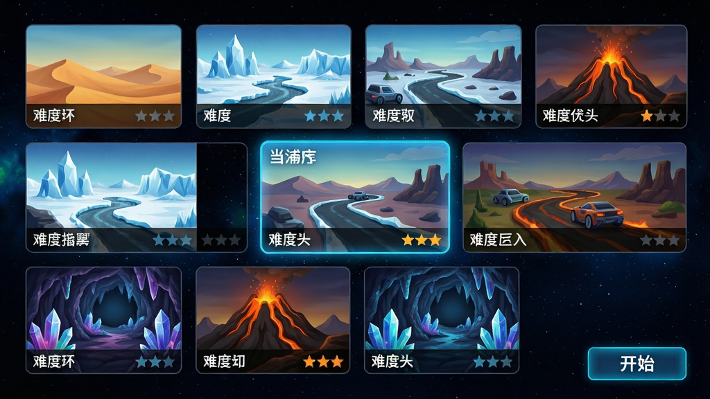 主体:游戏界面展示多张不同地貌的赛道缩略图,包括沙漠、冰原、火山和晶体洞穴。布局:缩略图以网格形式排列,中央高亮显示当前选中的赛道。排版:界面简洁,图标清晰,背景为星空。风格:科幻UI设计,色彩明快,层次分明。细节:每张缩略图上有赛道名称和难度星级,右下角有“开始”按钮。画质:高清,干净,无多余元素。