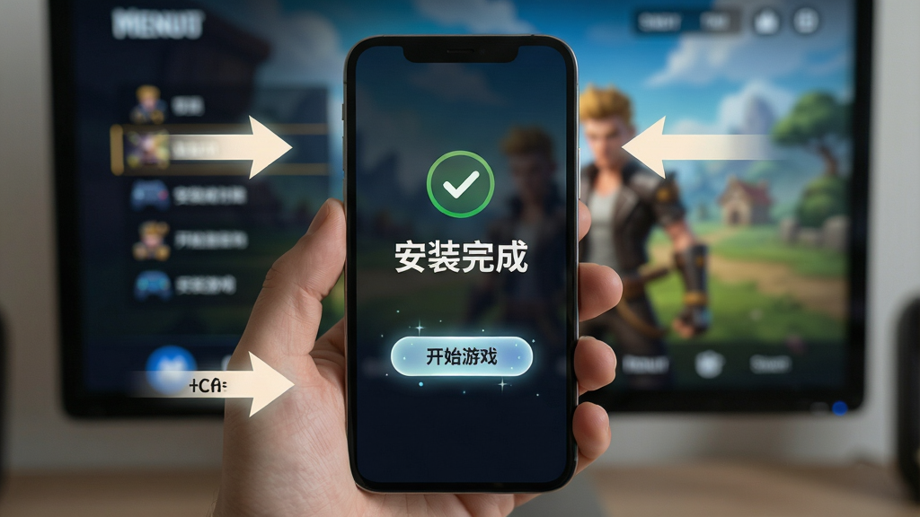 主体:玩家手机屏幕显示游戏安装成功界面,背景是游戏主菜单。布局:手机屏幕居中,周围有操作提示箭头。排版:简洁明了,突出“安装完成”提示。风格:写实手机摄影,光线柔和。细节:屏幕上有“开始游戏”按钮,周围有光效。画质:高清,干净,无多余元素。