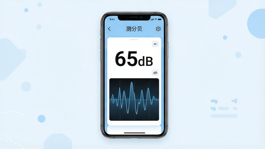 主体:测分贝软件主界面展示,手机屏幕显示分贝数值与波形图。布局:手机居中,屏幕内容清晰可见,周围留白。排版:界面简洁,数字大而醒目。风格:现代扁平化设计,浅蓝色背景搭配白色卡片。细节:屏幕上有“测分贝”字样,数值显示“65dB”,波形图起伏。画质:高清,干净,无多余元素。