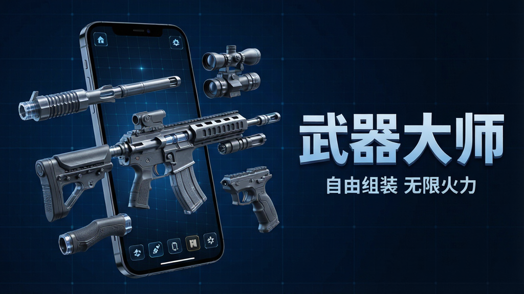 主体:一款智能手机界面展示沙盒武器大师应用,屏幕中央是一把模块化组装的未来风格步枪,周围漂浮着枪管、握把、瞄准镜等可拆卸零件;布局:手机位于画面中央偏左,右侧留白区域悬浮着“沙盒武器大师”艺术字标题,下方有“自由组装 无限火力”副标题;排版:整洁清晰,主次分明,标题醒目,零件环绕排列;风格:科技感CG渲染,光影通透,金属质感强烈,背景为深蓝色科技网格;细节:枪身纹理清晰,零件边缘高光锐利,界面UI图标精致;画质:8K超清,干净无多余元素。