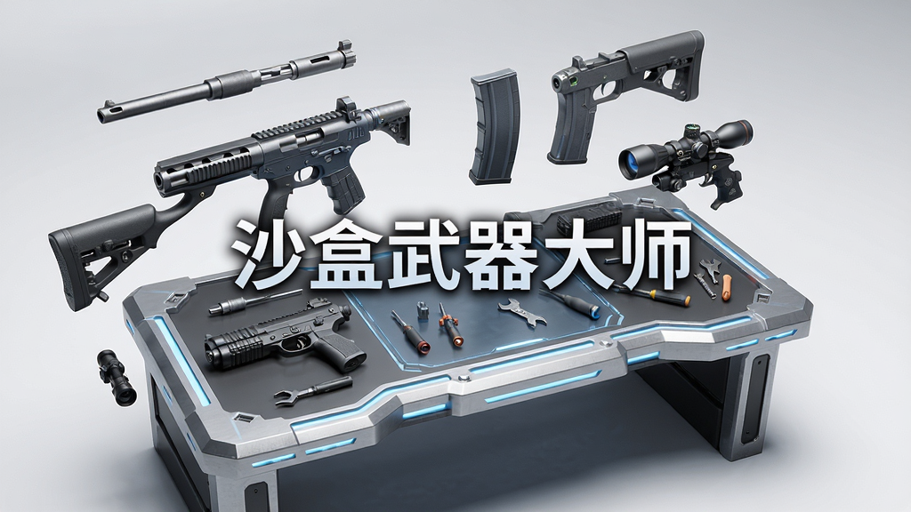 沙盒武器大师主界面预览图,显示一个充满未来感的武器组装台,周围漂浮着各种枪械零件,包括枪管、枪托、弹匣和瞄准镜,整体布局清晰,光线明亮,采用写实3D渲染风格,细节精致,画质高清,干净无多余元素,画面中央显示“沙盒武器大师”字样