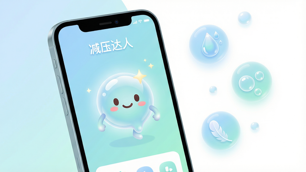 画面主体为一部亮屏的智能手机,屏幕中展示“减压达人”APP的清新主界面,界面以柔和的浅蓝与薄荷绿渐变为主色调,中央有一个可爱的拟人化小气泡表情正在微笑。布局上手机位于画面正中偏左,右侧留白区域悬浮着几个半透明的圆形减压小图标,如水滴、泡泡、羽毛等。整体排版干净简洁,风格为扁平化插画结合轻微3D质感,细节上突出屏幕内气泡的晶莹剔透和光晕效果,画质高清,色彩明快柔和,干净无多余元素。