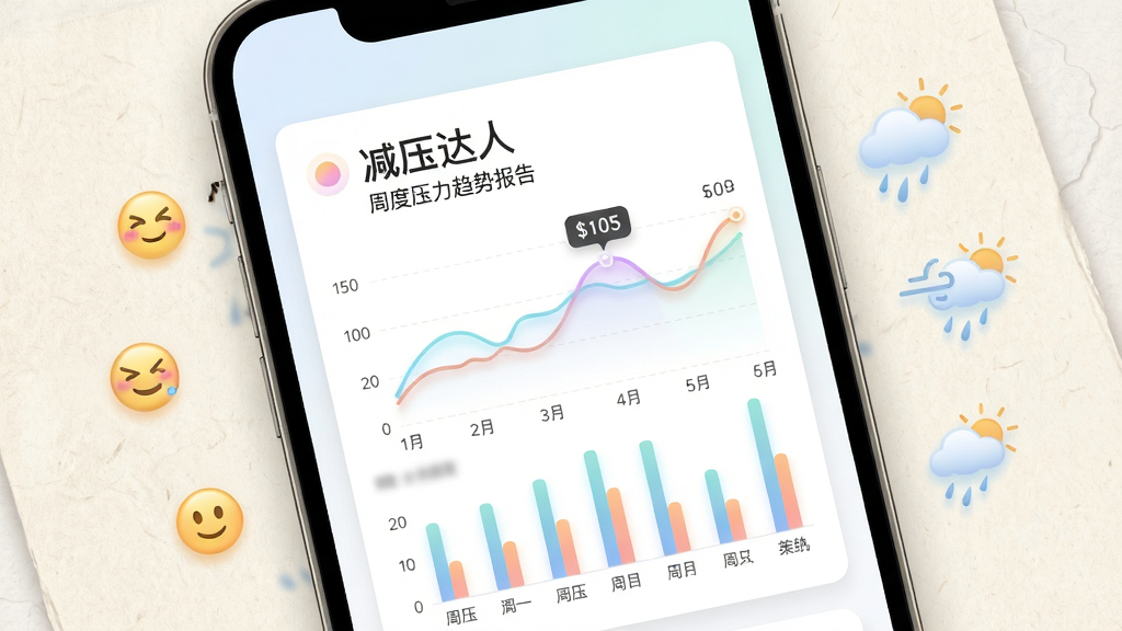 画面主体为手机屏幕展示“减压达人”的周度压力趋势报告,折线图与柱状图结合,色彩柔和。布局以报告卡片为中心,四周环绕着表情图标和天气符号,背景是淡雅的纸张纹理。风格为简洁的数据可视化风格,细节上图表线条带有微光,数值标签清晰可读,整体色调清新,画质干净,无多余元素。