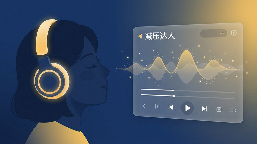 画面主体为一个人戴着耳机闭眼聆听,背景中浮现出“减压达人”APP的音频播放界面,界面波形图柔和起伏。布局采用左右分割构图,左侧人物侧脸剪影,右侧悬浮半透明的音频控制面板。风格为极简治愈系插画,色调以深蓝和暖黄为主,细节上耳机轮廓有微光,波形图带有粒子飘散效果,画质柔和,干净无多余元素。