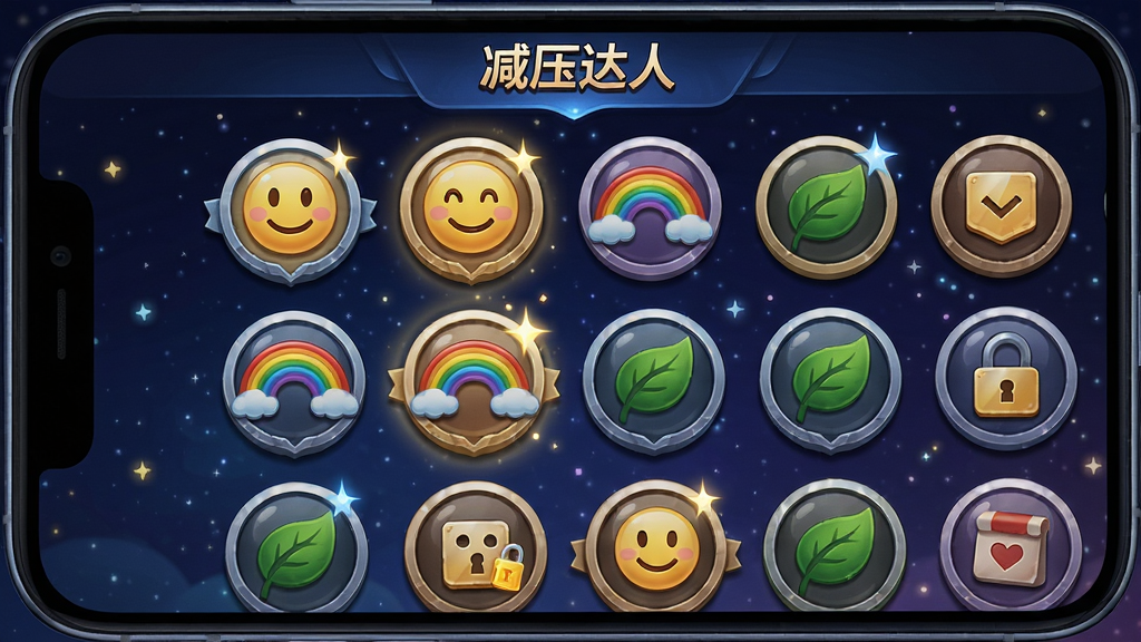 画面主体为手机屏幕展示“减压达人”的成就徽章墙,一个个圆形徽章排列整齐,徽章图案包含笑脸、彩虹、绿叶等元素。布局为网格状陈列,背景是微光闪烁的星空。风格为游戏化UI设计,细节上徽章带有金属光泽和阴影,部分徽章有解锁特效,画质精致,干净无多余元素。