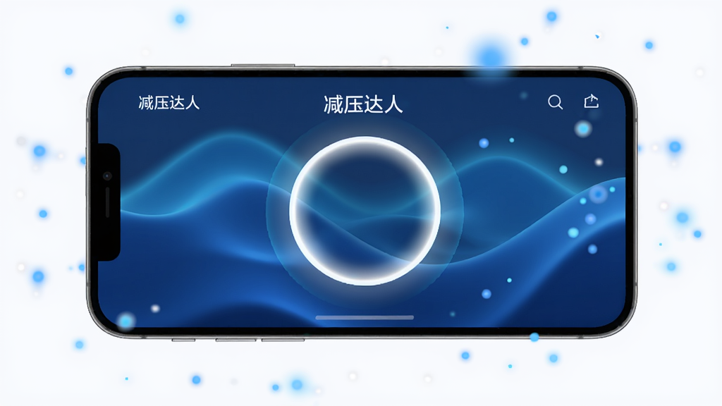 画面主体为一部手机横屏显示“减压达人”的呼吸引导界面,背景是动态的蓝色渐变波纹,屏幕中央有一个圆形光圈正在缩放。布局为手机居中,周围环绕着柔和的粒子光点。风格为极简科技感,细节上光圈边缘有光晕,粒子悬浮,画质高清,干净无多余元素。