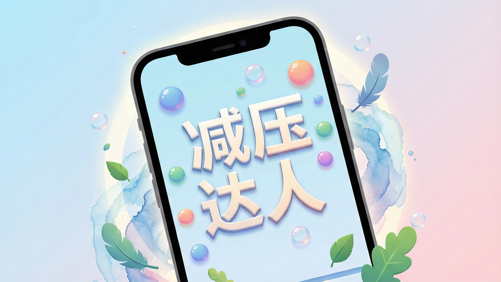 画面主体为一部手机屏幕占据画面中央,屏幕上清晰显示“减压达人”四个大字及彩色气泡飘散的减压游戏界面,手机周围环绕着柔和的光晕与抽象的水彩波纹。布局采用中心对称,手机略微倾斜增加动感。排版简洁明快,背景为渐变的浅蓝到浅粉色,营造宁静放松氛围。风格为现代扁平化结合轻微3D质感,细节处体现气泡、羽毛、绿叶等减压元素。画质高清,干净无多余元素。