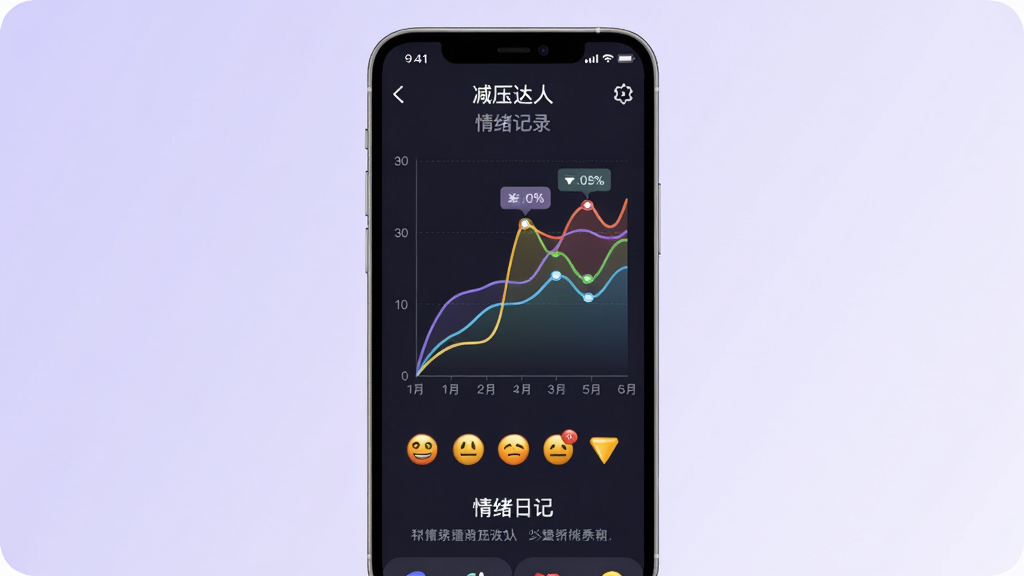 画面主体为手机屏幕展示减压达人的情绪记录折线图界面,图表以多彩曲线呈现,下方有表情符号和“情绪日记”字样。布局为居中展示,背景为淡紫色渐变。风格为简洁数据可视化风格,细节包括坐标轴刻度与数据点提示。画质干净,无多余元素。