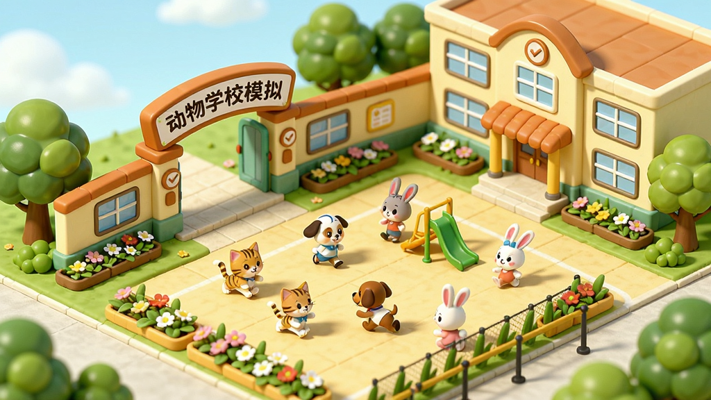 画面展示一所充满生机的动物学校全景,主体是卡通风格的校园建筑,大门上写着“动物学校模拟”,操场上有小猫、小狗、小兔子等动物学生在奔跑玩耍,布局采用斜45度俯视视角,排版疏朗清晰,风格清新明亮,细节丰富如绿树、花坛、教学楼窗户,画质高清,干净无多余元素