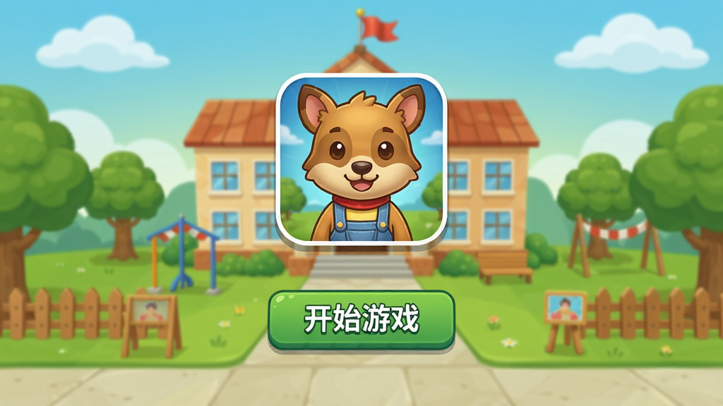 展示游戏安装成功后的主界面截图,主体是游戏图标和开始按钮,背景是动物学校校园,布局简洁,排版居中,风格清晰,细节有“开始游戏”字样,画质高清,干净无多余元素