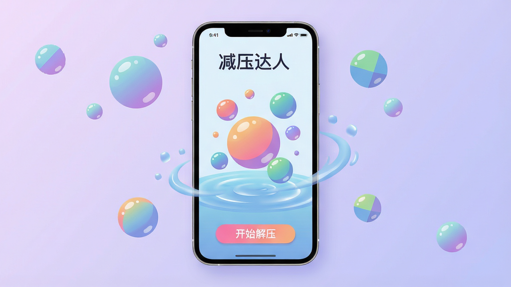 主体:减压达人软件主界面展示,手机屏幕中央呈现多彩气泡和柔和水波互动画面。布局:手机竖屏居中,背景为渐变淡紫色,周围点缀漂浮的几何泡泡。排版:简洁干净,手机屏幕内UI元素清晰,底部有“开始解压”按钮。风格:扁平化插画风格,色彩明快治愈,光效柔和。细节:气泡表面有高光反射,水波动态感十足,屏幕内文字“减压达人”清晰可见。画质:高清渲染,干净无多余元素。