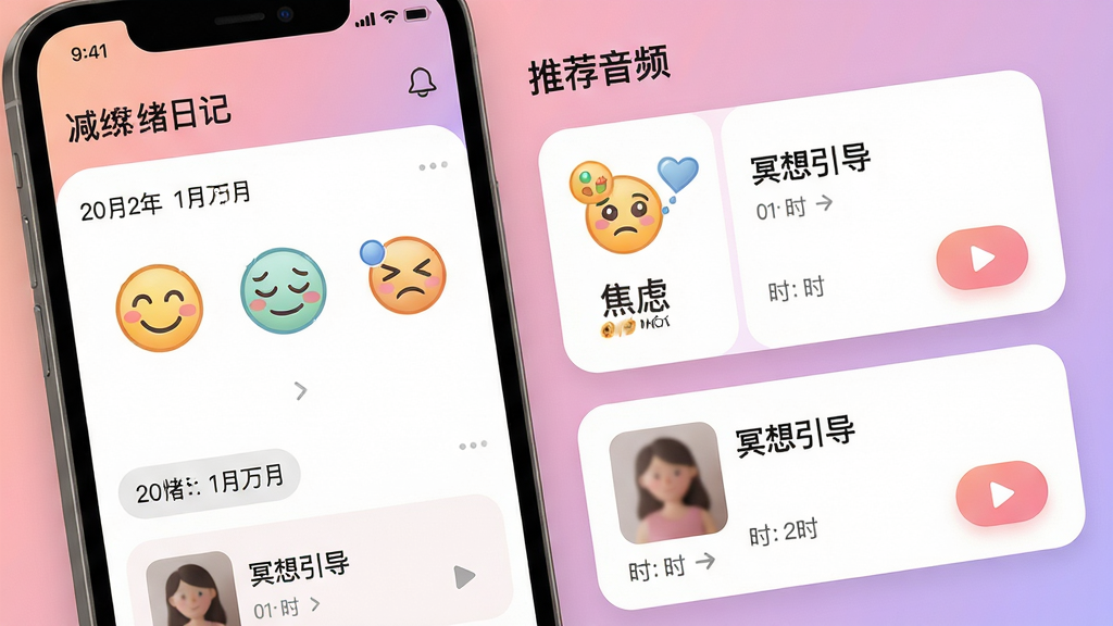 主体:减压达人应用内情绪日记界面,显示心情图标和冥想音频列表。布局:界面左侧为日期和情绪图标,右侧为推荐音频卡片,背景为柔和的粉紫色渐变。排版:卡片式布局,圆角设计,信息层级分明。风格:清新简约风,图标线条流畅,色彩温暖。细节:情绪图标包括开心、平静、焦虑等表情,音频卡片显示时长和播放按钮,文字“冥想引导”清晰。画质:高清细腻,干净无多余元素。