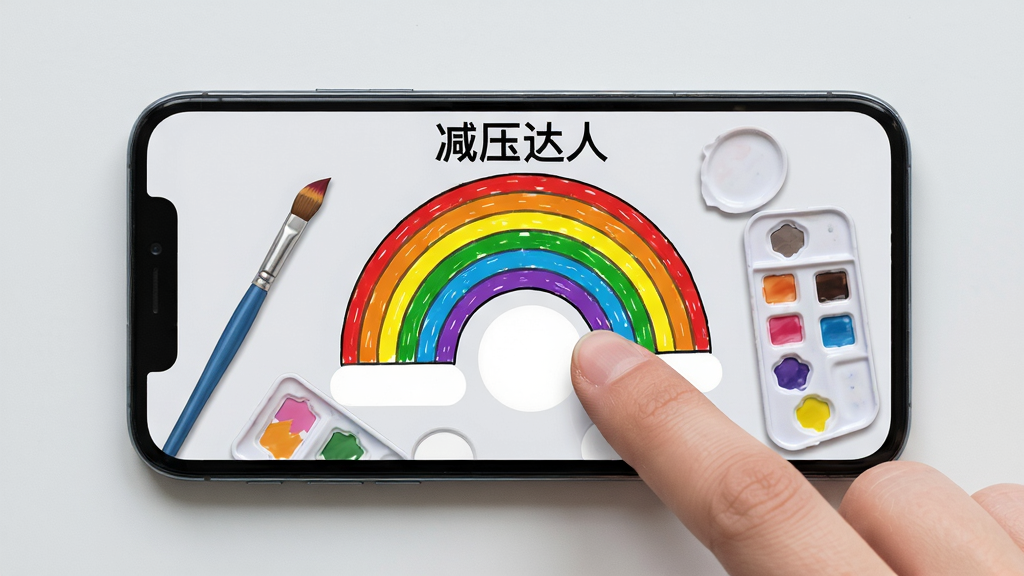 主体:减压达人运行在手机上的实际效果,手机横屏显示涂色界面。布局:手机居中,屏幕内显示一个正在填充的彩虹图案,周围有画笔和色盘。排版:屏幕画面清晰,色彩丰富,背景为淡灰色。风格:实拍风格,光影自然,手机质感真实。细节:手指正在点击色盘,屏幕内图案部分已上色,文字“减压达人”位于屏幕上方。画质:高清摄影,干净无多余元素。