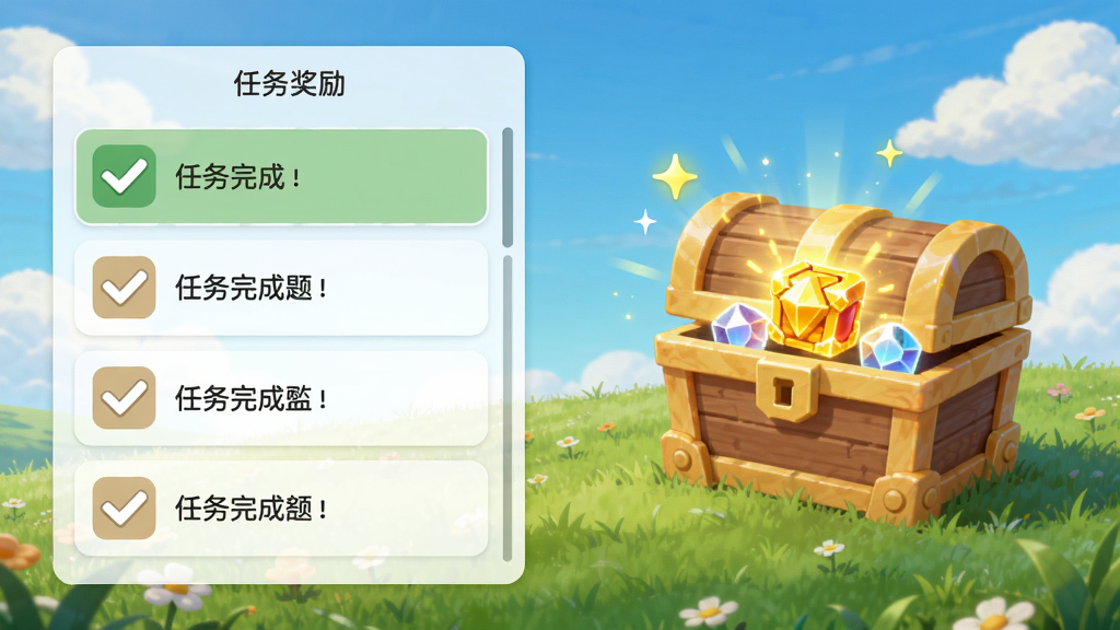 展示任务界面,左侧是任务列表,右侧是奖励宝箱,背景是蓝天白云草地,布局分区清晰,排版舒适,风格清新,细节包括任务完成的对勾和奖励的闪光,画质明亮,干净,无多余元素