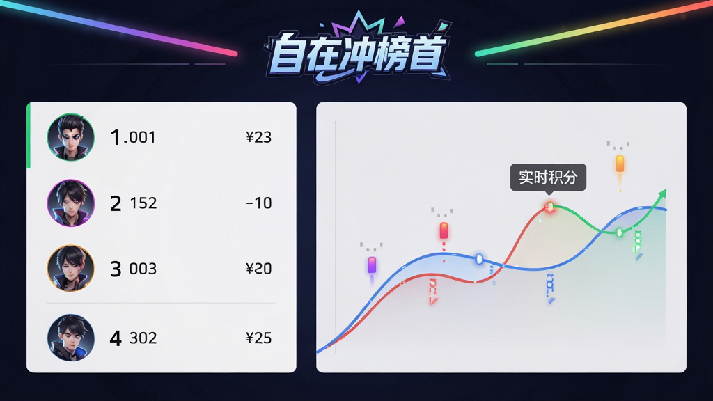展示游戏内排行榜界面,左侧是玩家头像和名次,右侧是实时积分曲线,背景有“自在冲榜首”的LOGO,布局左右对称,排版简洁,风格现代,细节包括彩色光带和数据跳动效果,画质清晰,干净,无多余元素