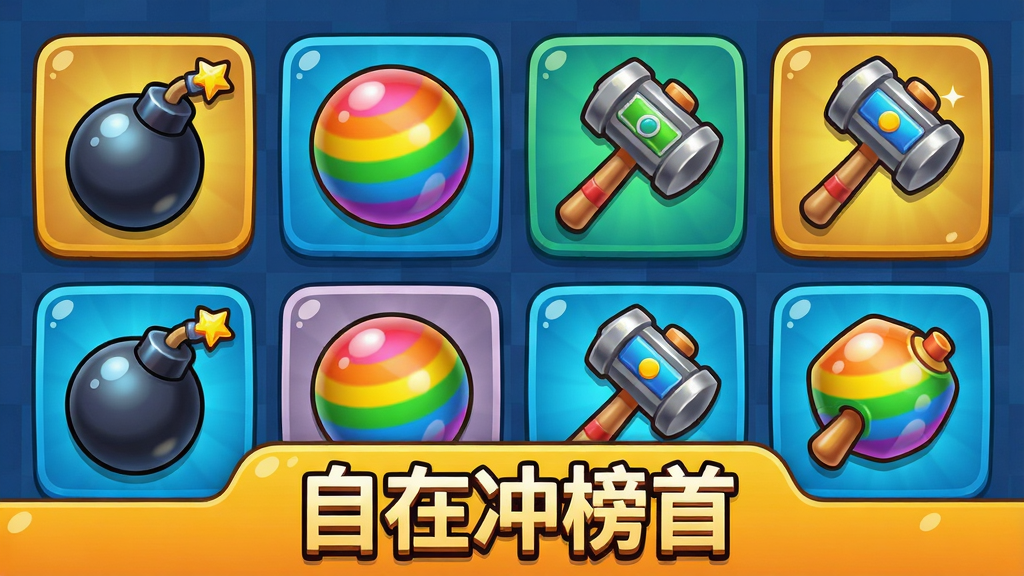 展示道具栏界面,画面上排列着炸弹、彩虹球、刷新锤等道具图标,下方有“自在冲榜首”字样,布局网格状,排版整齐,风格卡通鲜艳,细节包括道具的立体感和光泽,画质细腻,干净,无多余元素