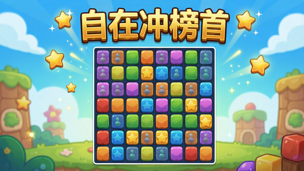 画面中心是游戏主界面,展示色彩鲜艳的方块消除场景,顶部有“自在冲榜首”金色艺术字标题,背景是活泼的卡通风格,布局饱满,排版清晰,细节包括闪烁的星星和光效,画质高清,干净,无多余元素