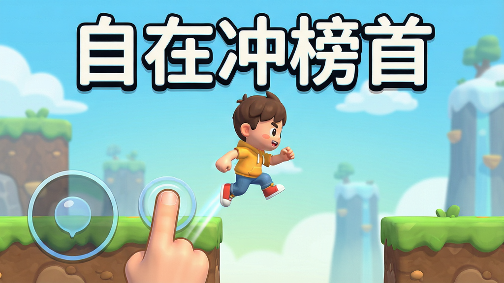 游戏操作演示截图,手指点击屏幕控制角色跳跃,界面简洁,上方显示“自在冲榜首”字样,卡通渲染风格,布局直观,细节清晰,画质精美,干净无多余元素
