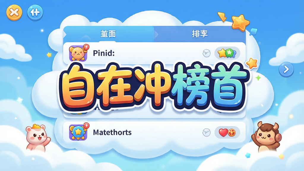 游戏主界面展示,色彩明亮活泼,中央显示“自在冲榜首”艺术字标题,背景为云端排行榜,卡通风格,布局居中,排版清晰,细节丰富,画质高清,干净无多余元素