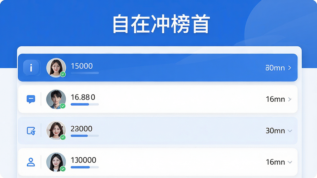排行榜界面截图,顶部显示“自在冲榜首”标题,下方为好友排名列表,每位好友头像旁有分数,界面采用蓝白配色,现代简约风格,布局清晰,细节精致,画质高,干净无多余元素