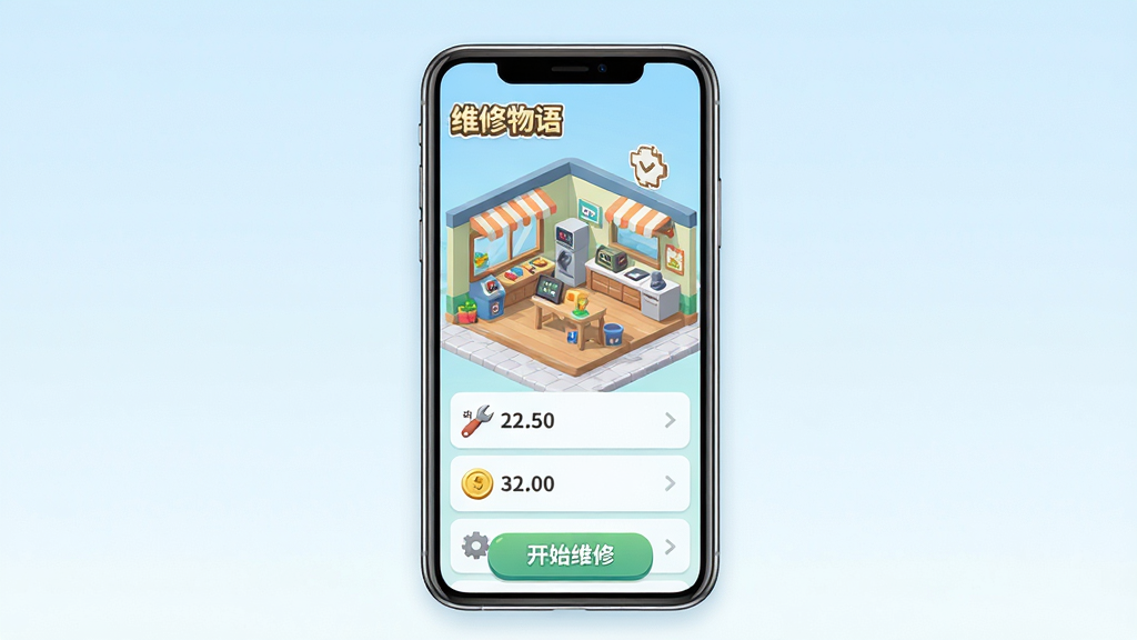 主体:手机屏幕显示《维修物语》游戏画面,界面清晰,任务列表和金币数量可见。布局:手机竖屏居中,背景为淡蓝色渐变,屏幕内展示店铺场景和订单列表。排版:手机位于画面中央,两侧留白,屏幕内容可辨认。风格:清新简约,色彩明快。细节:屏幕左上角有“维修物语”Logo,下方有“开始维修”按钮。画质:高清,干净,无多余元素。