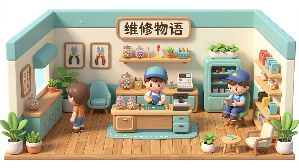 主体:一间卡通风格的维修店铺内部,装修精美,摆放着绿色植物和现代家具。布局:店铺分为维修区、接待区和展示区,顾客在接待区等待,店主在维修区工作。排版:整体呈开放式布局,视觉中心为维修工作台,背景墙上有“维修物语”招牌。风格:清新明亮,色彩协调。细节:地板木纹清晰,墙上挂有工具装饰画,柜台有糖果罐和收银机。画质:高清,干净,无多余元素。