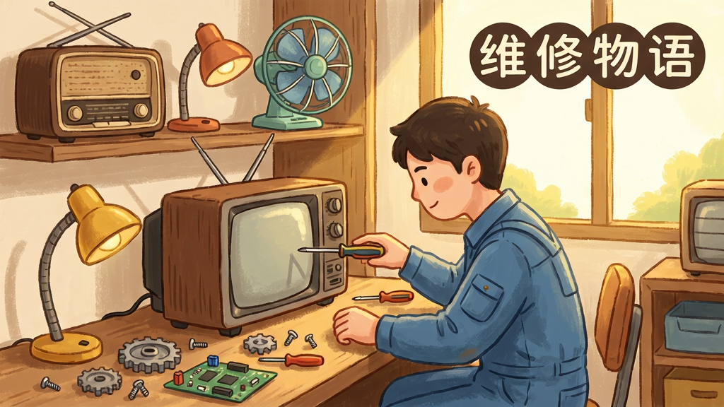 一幅温馨的室内维修店场景,木质货架上摆放着老式收音机、台灯、电风扇等小家电,主角穿着蓝色工作服坐在工作台前,手持螺丝刀修理一台复古电视机,桌面上散落着齿轮、螺丝和电路板,窗外透进暖黄色阳光,整体风格治愈系手绘,色彩柔和,细节丰富,画面干净明亮,无多余元素,画质细腻,文字“维修物语”以圆体字置于画面右上角。