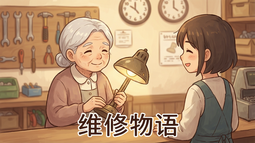游戏剧情对话场景,一位白发老奶奶站在维修店柜台前,双手捧着一台老式台灯,表情慈祥,主角在柜台后微笑着倾听,背景是暖色调的店铺内景,墙面挂着工具和时钟,画面采用日系治愈插画风格,线条柔和,色彩温暖,人物表情细腻,构图平衡,画质高清,无多余元素,文字“维修物语”以艺术字体置于画面下方。